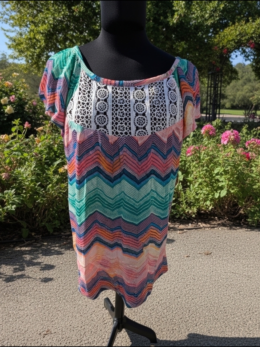 No Boundaries Multicolor Chevron Lace-Yoke Blouse (A57)